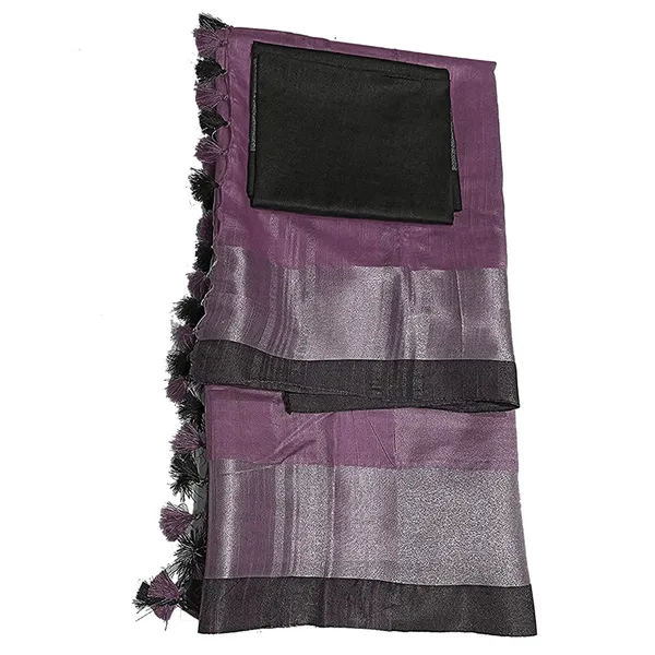Mounatbatten_Pink_Bhagalpuri_Handloom_Linen_Slub_Blend_Saree_With_Black_Contrast_Blouse_Piece