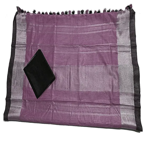 Mounatbatten_Pink_Bhagalpuri_Handloom_Linen_Slub_Blend_Saree_With_Black_Contrast_Blouse_Piece