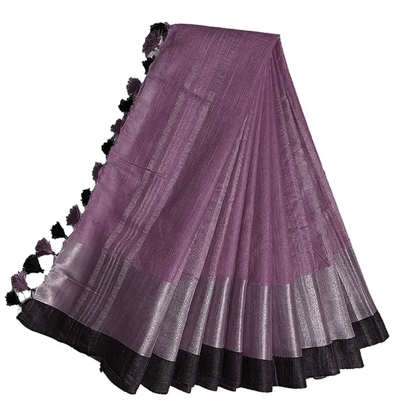 Mounatbatten_Pink_Bhagalpuri_Handloom_Linen_Slub_Blend_Saree_With_Black_Contrast_Blouse_Piece