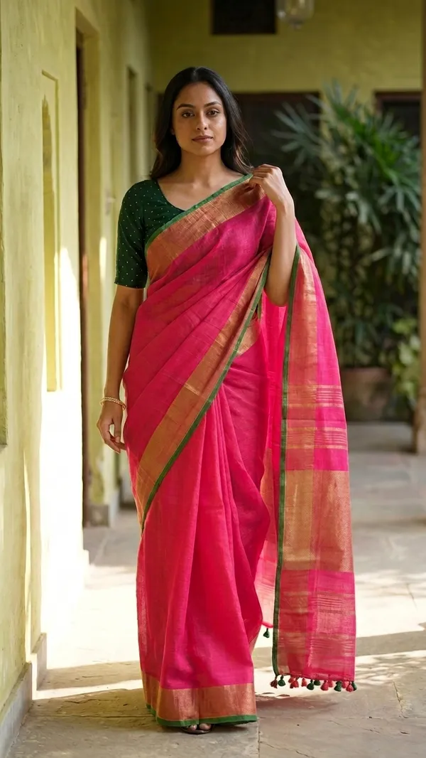 Handloom_Bhagalpuri_Linen_Cotton_Blend_Contrast_Border_Saree_for_Women_(12625_Gold-Glaire_Pink-Dark_Green)