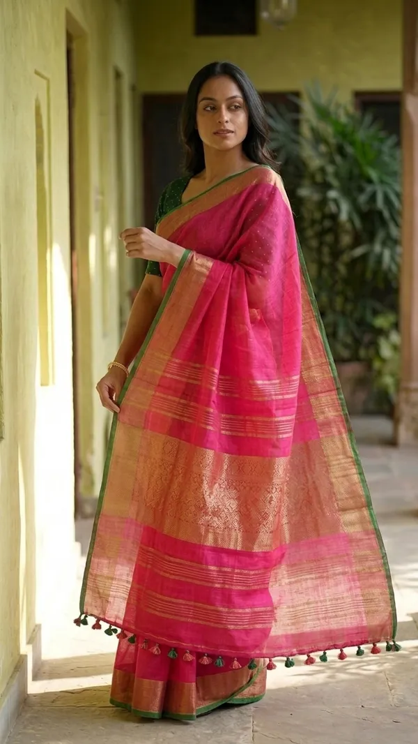 Handloom_Bhagalpuri_Linen_Cotton_Blend_Contrast_Border_Saree_for_Women_(12625_Gold-Glaire_Pink-Dark_Green)