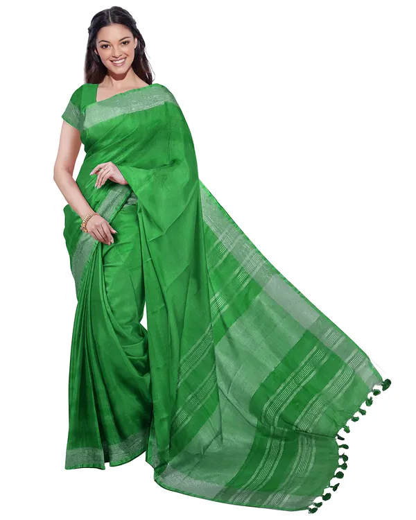 Pigment_Green_women's_Bhagalpuri_Handloom_Cotton-Linen_Blend_Saree_With_Running_Unstiched_Blouse_Piece