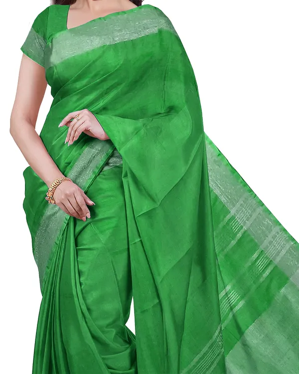 Pigment_Green_women's_Bhagalpuri_Handloom_Cotton-Linen_Blend_Saree_With_Running_Unstiched_Blouse_Piece