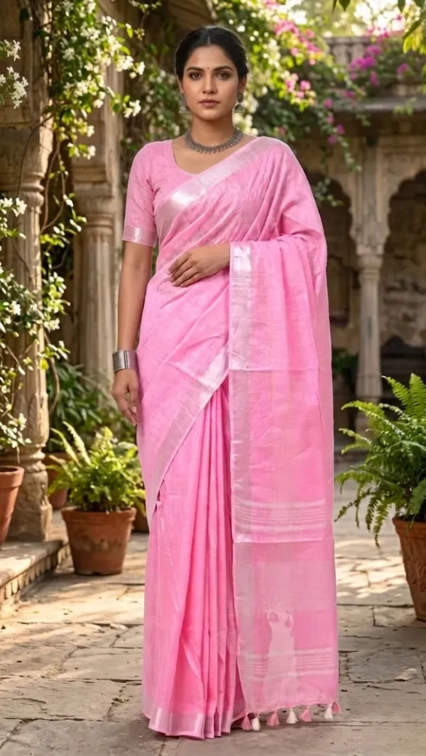 Bhagalpuri_Handwoven_Cotton-linen_Blend_Saree_With_Running_Blouse_Piece(Baby_Pink)
