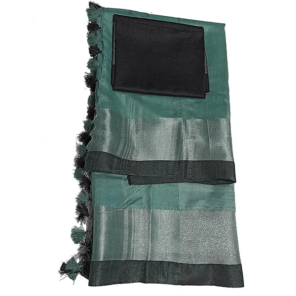 Sea_Green_Bhagalpuri_Handloom_women's_Linen_Slub_Blend_Saree_With_Black_Pipin_Contrast_Blouse_Piece