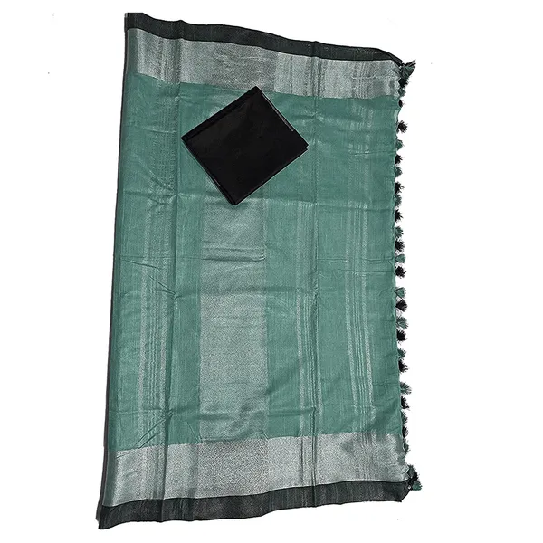 Sea_Green_Bhagalpuri_Handloom_women's_Linen_Slub_Blend_Saree_With_Black_Pipin_Contrast_Blouse_Piece