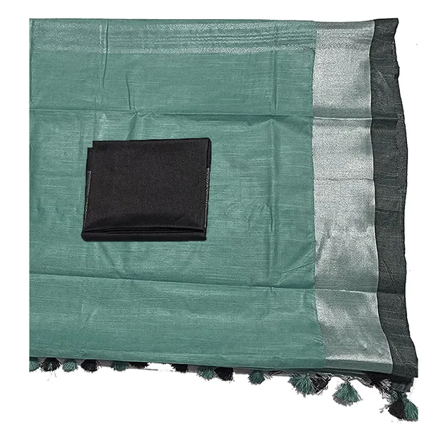 Sea_Green_Bhagalpuri_Handloom_women's_Linen_Slub_Blend_Saree_With_Black_Pipin_Contrast_Blouse_Piece