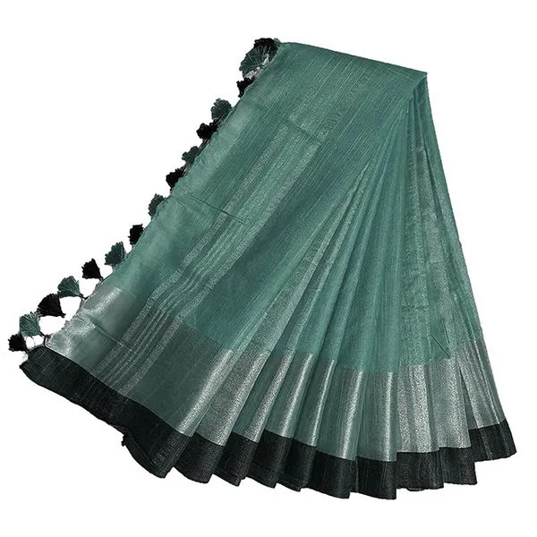 Sea_Green_Bhagalpuri_Handloom_women's_Linen_Slub_Blend_Saree_With_Black_Pipin_Contrast_Blouse_Piece