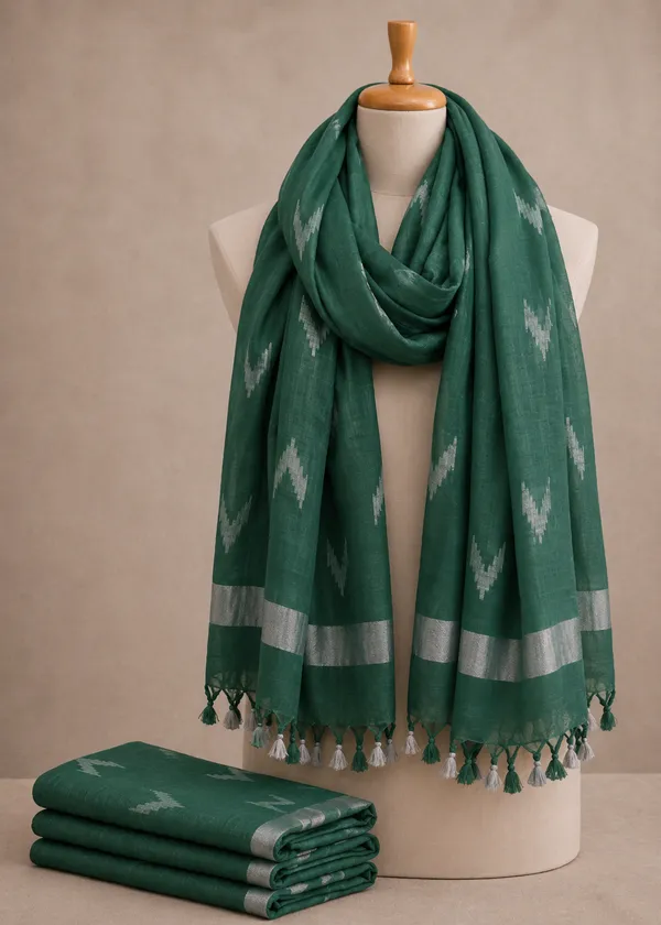 Linen_Cotton_Blend_Zari_Weaving_Handloom_Ikkat_Dupatta_(300092_Strolie_Green)