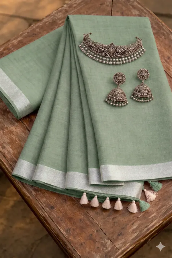Bhagalpuri_Handwoven_Cotton-Linen_Blend_Saree_With_Running_Blouse_Piece(Sage_Green)