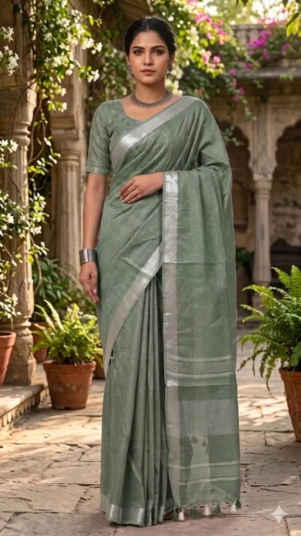 Bhagalpuri_Handwoven_Cotton-Linen_Blend_Saree_With_Running_Blouse_Piece(Sage_Green)