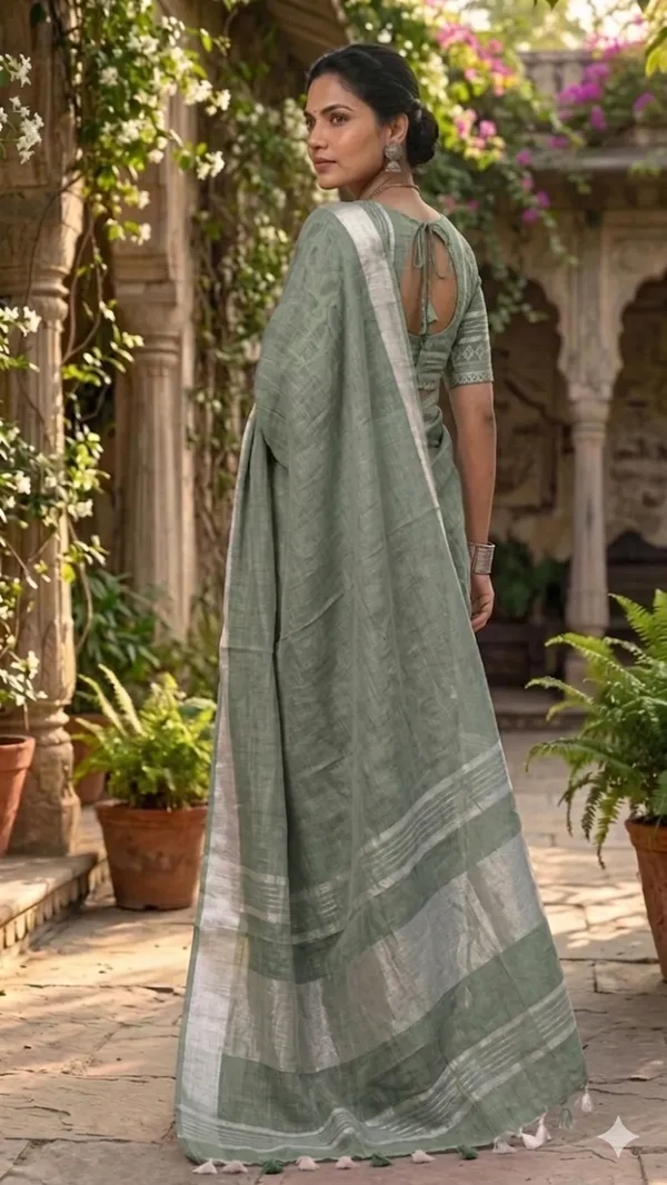 Bhagalpuri_Handwoven_Cotton-Linen_Blend_Saree_With_Running_Blouse_Piece(Sage_Green)
