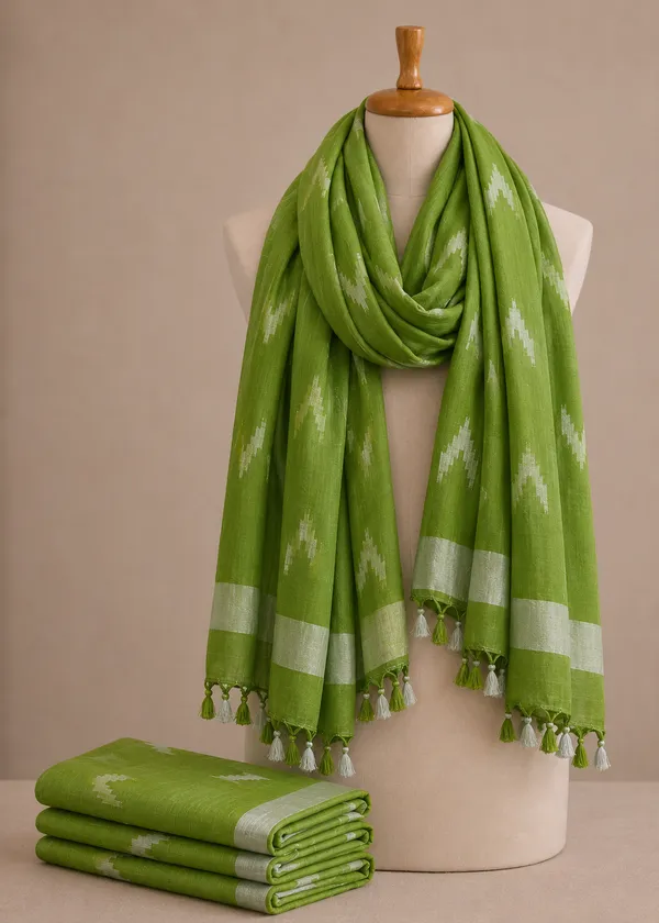 Linen_Cotton_Blend_Zari_Weaving_Handloom_Ikkat_Dupatta_(12023_Parrot_Green)