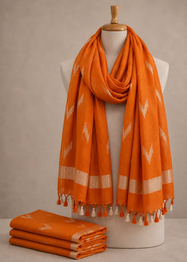 Linen_Cotton_Blend_Zari_Weaving_Handloom_Ikkat_Dupatta_(12022_Bright_Orange)
