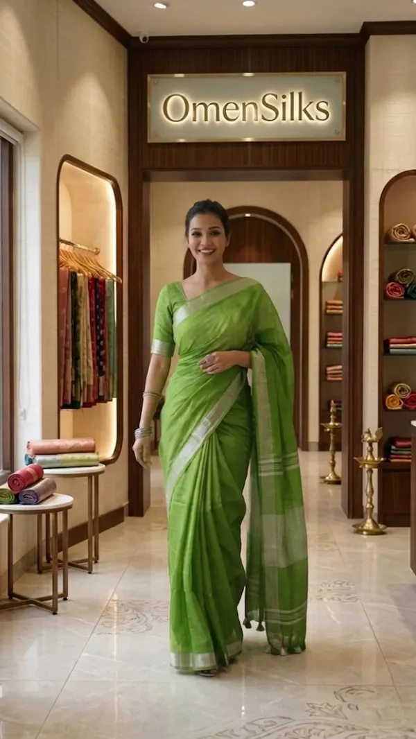 Bhagalpuri_Handwoven_Cotton-linen_Blend_Saree_With_Running_Blouse_Piece(Parrot_Green)