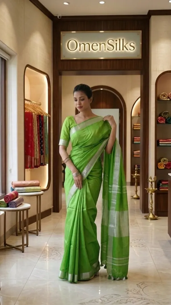 Bhagalpuri_Handwoven_Cotton-linen_Blend_Saree_With_Running_Blouse_Piece(Parrot_Green)