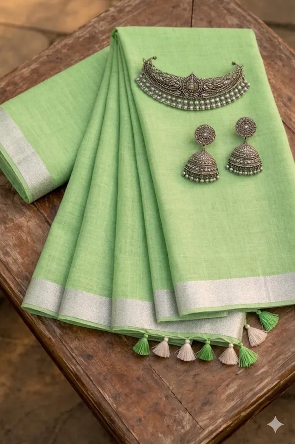 Bhagalpuri_Handwoven_Cotton-linen_Blend_Saree_With_Running_Blouse_Piece(Parrot_Green)