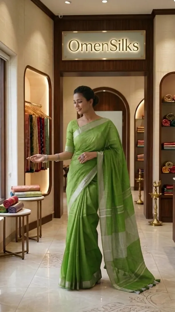 Bhagalpuri_Handwoven_Cotton-linen_Blend_Saree_With_Running_Blouse_Piece(Parrot_Green)