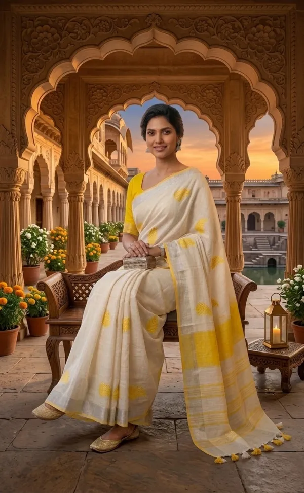 Handwoven_Bhagalpuri_Linen_Blend_Embroidered_Saree_With_Contrast_Blouse_Piece(White_Yellow)
