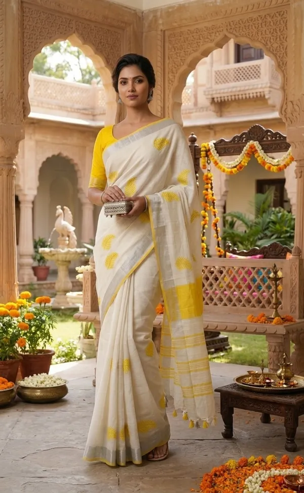 Handwoven_Bhagalpuri_Linen_Blend_Embroidered_Saree_With_Contrast_Blouse_Piece(White_Yellow)