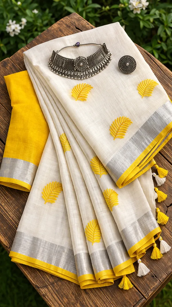 Handwoven_Bhagalpuri_Linen_Blend_Embroidered_Saree_With_Contrast_Blouse_Piece(White_Yellow)