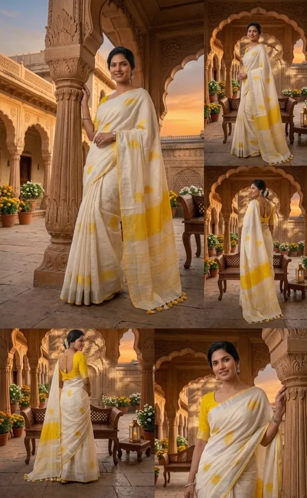 Handwoven_Bhagalpuri_Linen_Blend_Embroidered_Saree_With_Contrast_Blouse_Piece(White_Yellow)