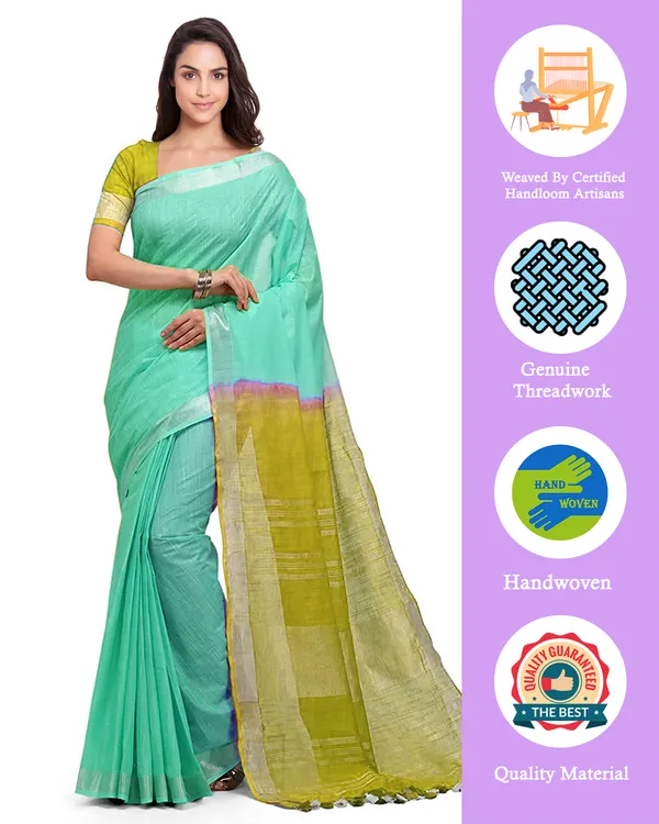 Aquamarine_Turquoise_&_Pear_Green_women's_Handloom_Bhagalpuri_Cotton_Linen_Blend_Two_Dye_Saree_With_Running_Unstitched_Blouse_Piece