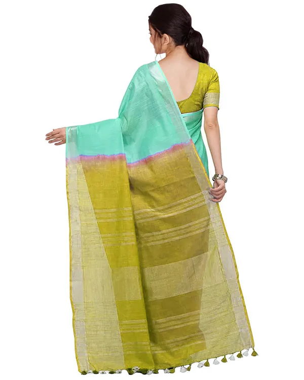 Aquamarine_Turquoise_&_Pear_Green_women's_Handloom_Bhagalpuri_Cotton_Linen_Blend_Two_Dye_Saree_With_Running_Unstitched_Blouse_Piece
