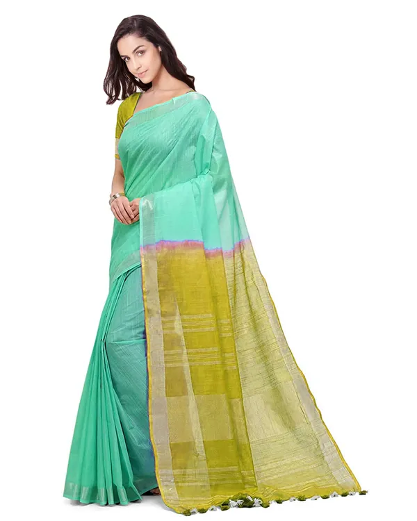 Aquamarine_Turquoise_&_Pear_Green_women's_Handloom_Bhagalpuri_Cotton_Linen_Blend_Two_Dye_Saree_With_Running_Unstitched_Blouse_Piece