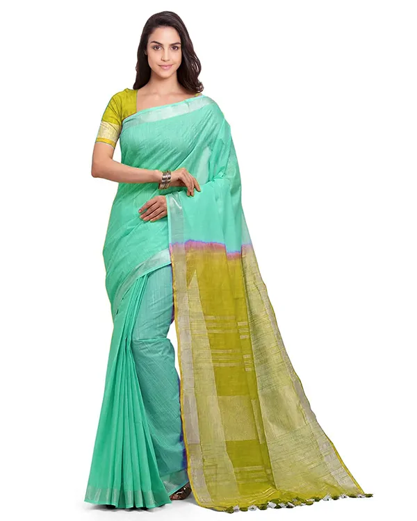 Aquamarine_Turquoise_&_Pear_Green_women's_Handloom_Bhagalpuri_Cotton_Linen_Blend_Two_Dye_Saree_With_Running_Unstitched_Blouse_Piece