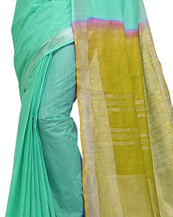 Aquamarine_Turquoise_&_Pear_Green_women's_Handloom_Bhagalpuri_Cotton_Linen_Blend_Two_Dye_Saree_With_Running_Unstitched_Blouse_Piece