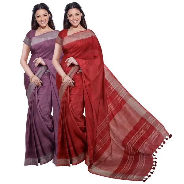 Quinacridone_Magenta_&_Red_women's_Bhagalpuri_Handloom_Cotton-Linen_Blend_Saree_Combo_(Pack_Of_2)_With_Running_Unstiched_Blouse_Piece