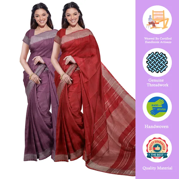 Quinacridone_Magenta_&_Red_women's_Bhagalpuri_Handloom_Cotton-Linen_Blend_Saree_Combo_(Pack_Of_2)_With_Running_Unstiched_Blouse_Piece