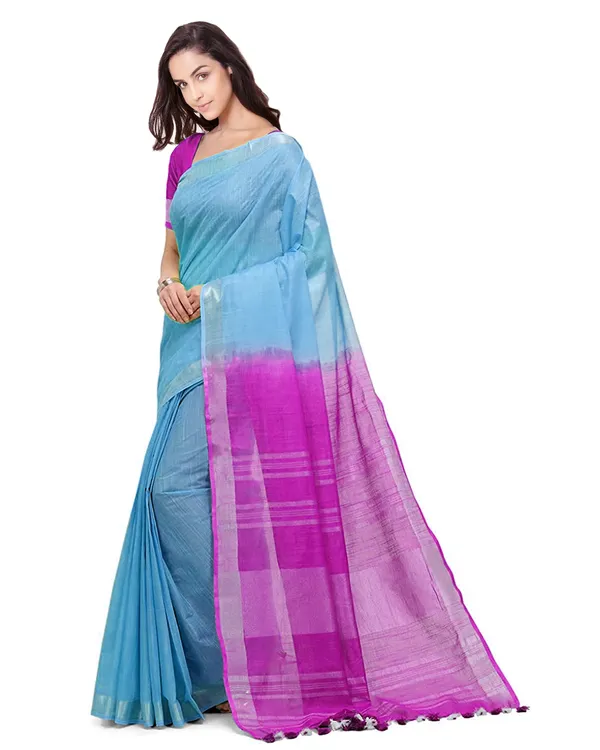 Pacific_Cyan_&_Wild_Strawberry_women's_Handloom_Bhagalpuri_Linen_Blend_Two_Dye_Saree_With_Running_Unstitched_Blouse_Piece