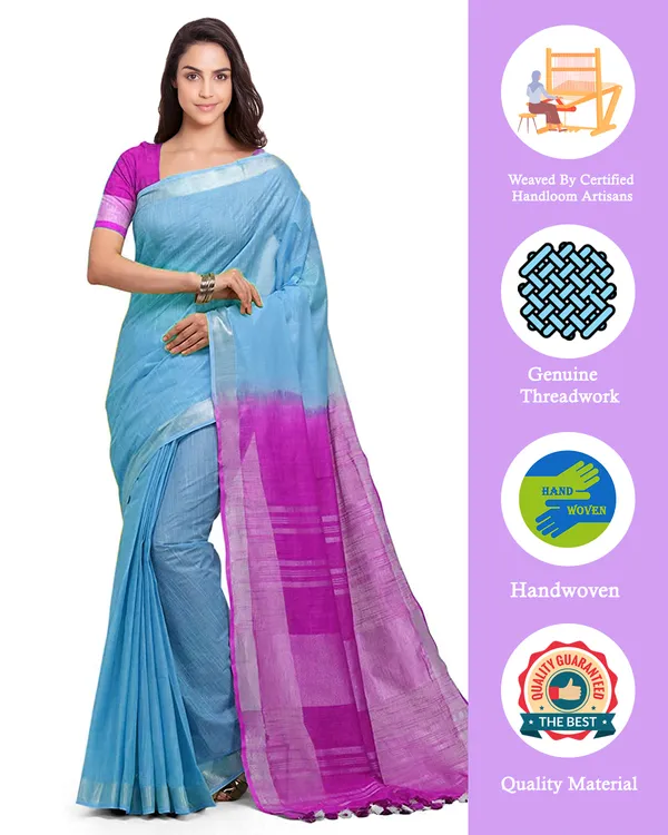 Pacific_Cyan_&_Wild_Strawberry_women's_Handloom_Bhagalpuri_Linen_Blend_Two_Dye_Saree_With_Running_Unstitched_Blouse_Piece