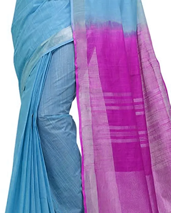 Pacific_Cyan_&_Wild_Strawberry_women's_Handloom_Bhagalpuri_Linen_Blend_Two_Dye_Saree_With_Running_Unstitched_Blouse_Piece