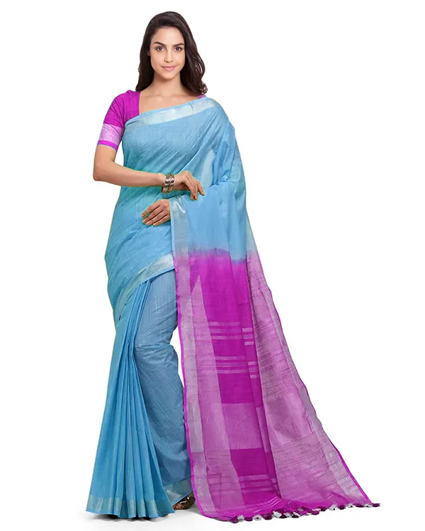 Pacific_Cyan_&_Wild_Strawberry_women's_Handloom_Bhagalpuri_Linen_Blend_Two_Dye_Saree_With_Running_Unstitched_Blouse_Piece