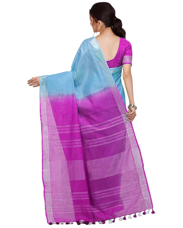 Pacific_Cyan_&_Wild_Strawberry_women's_Handloom_Bhagalpuri_Linen_Blend_Two_Dye_Saree_With_Running_Unstitched_Blouse_Piece