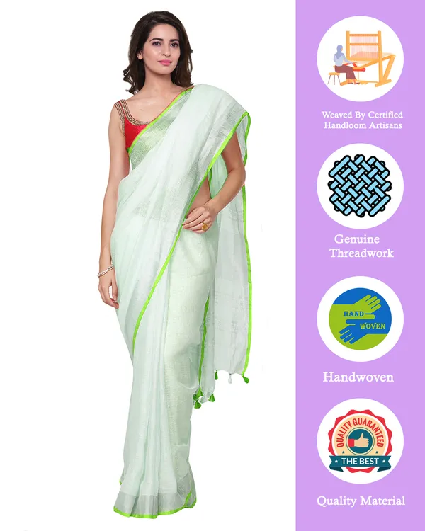 Whte-Green_women's_Bhagalpuri_Handloom_Linen_Cotton_Blend_White_Saree_With_Silver_Zari_Border_And_Contrast_Unstitched_Blouse_Piece