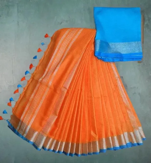 Orange_women's_Bhagalpuri_Blend_Linen_Saree_With_Free_Contrast_Blouse_Piece