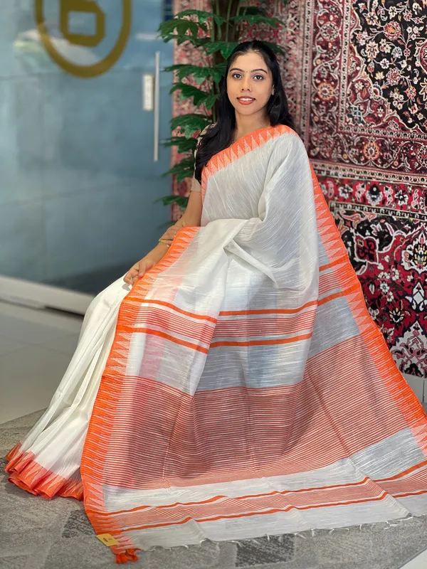 Orange_women's_Bhagalpuri_Kota_Viscous_Temple_Border_White_Saree_And_Variable_Color_Border_With_Blouse_Piece