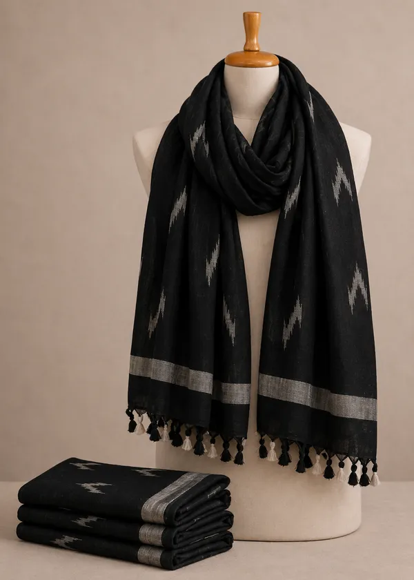 Linen_Cotton_Blend_Zari_Weaving_Handloom_Ikkat_Dupatta_(12005_Black)