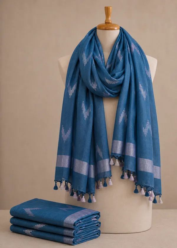 Linen_Cotton_Blend_Zari_Weaving_Handloom_Ikkat_Dupatta_(12011_Cerulean_Blue)