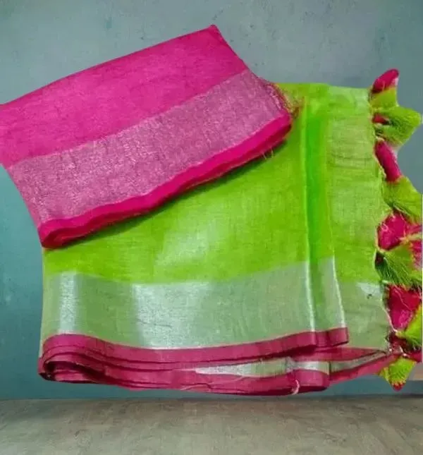 Parrot-Pink__Bhagalpuri_Blend_Linen_Saree_With_Free_Contrast_Blouse_Piece