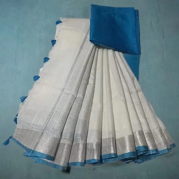 White__Bhagalpuri_Blend_Linen_Saree_With_Contrast_Free_Blouse_Piece