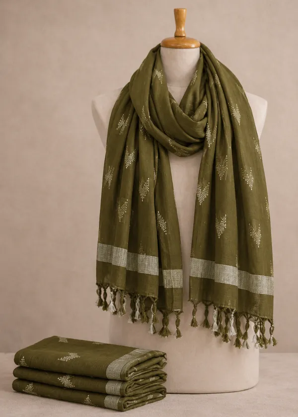 Linen_Cotton_Blend_Zari_Weaving_Handloom_Ikkat_Dupatta_(12021_Olive_Green)