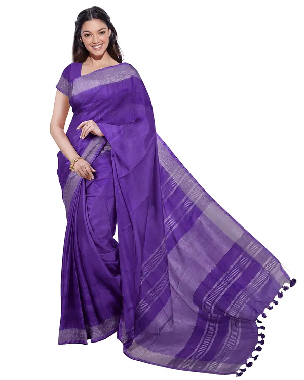 French_Violet_&_Yellow_women's_Bhagalpuri_Handloom_Cotton-Linen_Blend_Saree_Combo_(Pack_Of_2)_With_Running_Unstiched_Blouse_Piece