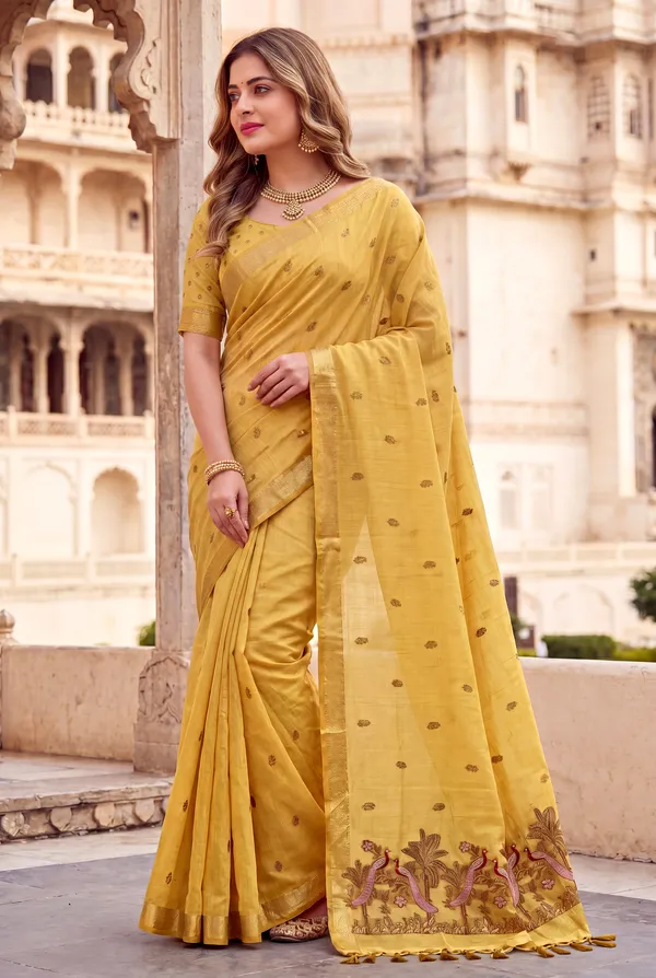Premium_Soft_Muga_Cotton_sarees_with_Beautiful_Colourfull_Resham_Weaving__Peacock_Design_Pallu_With_Attractive_Traditional_Zari_Weaving__With_All_Over__Resham_Weaving__And_Resham_Weaving_Butti_Blouse_With_Fancy_Tassels
