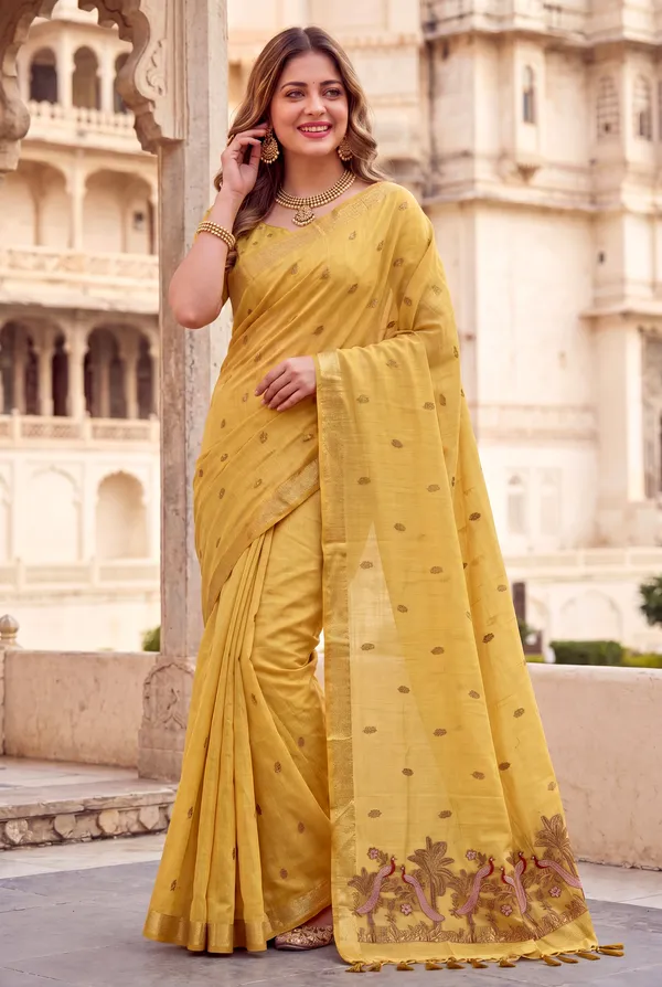 Premium_Soft_Muga_Cotton_sarees_with_Beautiful_Colourfull_Resham_Weaving__Peacock_Design_Pallu_With_Attractive_Traditional_Zari_Weaving__With_All_Over__Resham_Weaving__And_Resham_Weaving_Butti_Blouse_With_Fancy_Tassels