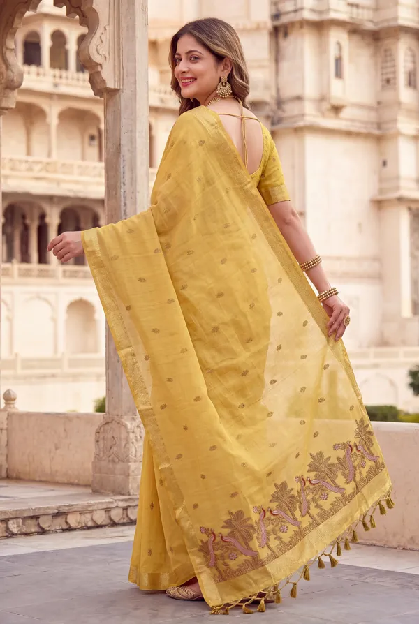 Premium_Soft_Muga_Cotton_sarees_with_Beautiful_Colourfull_Resham_Weaving__Peacock_Design_Pallu_With_Attractive_Traditional_Zari_Weaving__With_All_Over__Resham_Weaving__And_Resham_Weaving_Butti_Blouse_With_Fancy_Tassels